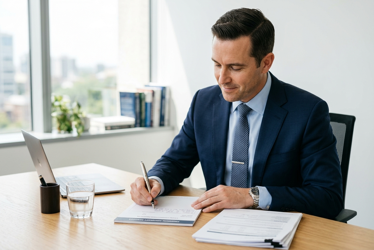 Kai, a self-employed financial advisor, writing up his post-meeting notes by hand at his desk